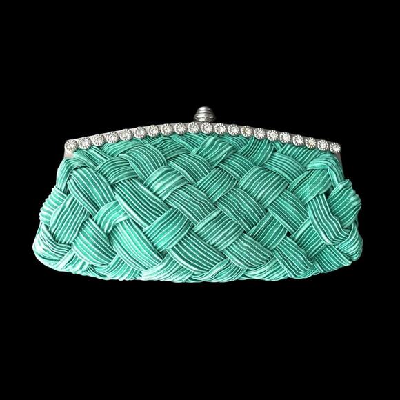 NWT Blue Satin Rhinestone Braided Clutch, w/ Shoulder & Crossbody Chains Chain - Picture 1 of 15